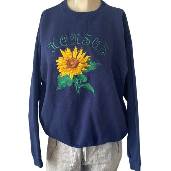 Vintage Kansas Sunflower Embroidered Hanes Activewear Crew Neck Sweatshirt - Picture 1 of 5